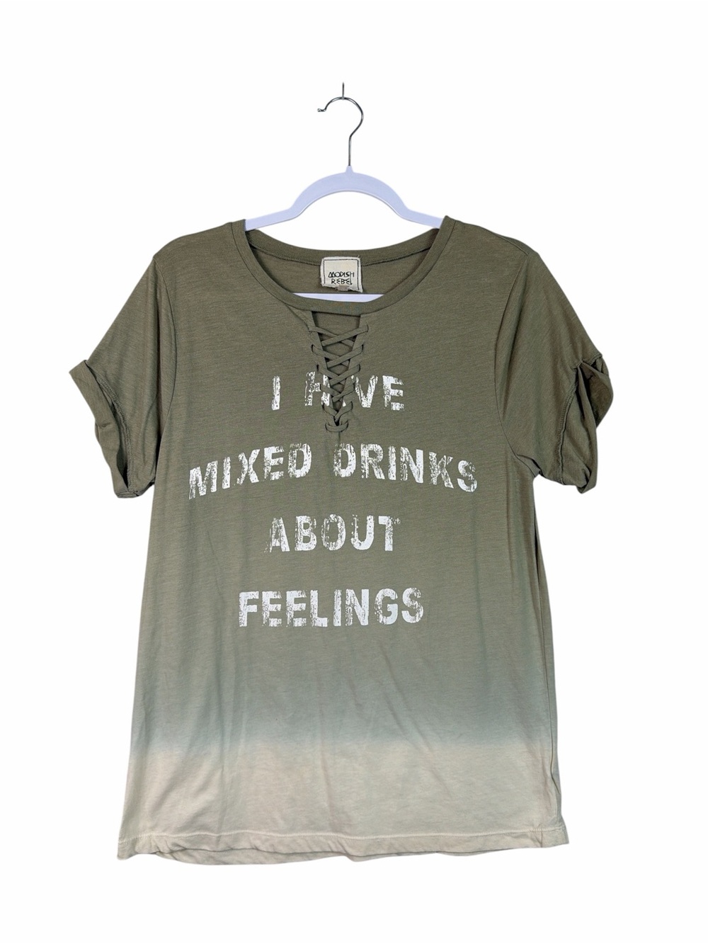 Modish Rebel Small Olive Ombré Lace Up Graphic Tee Mixed Drinks About Feelings